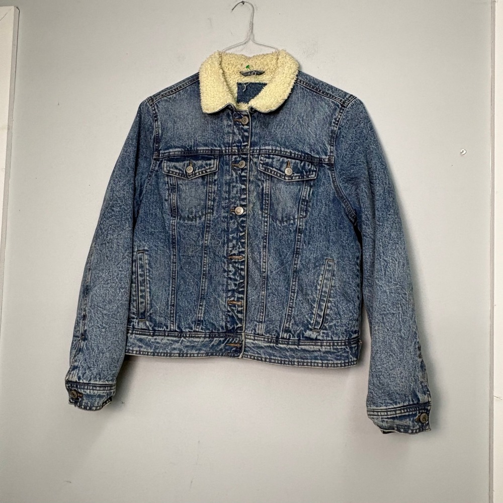 Aeropostale Womens XL Acid Wash Denim Sherpa Fleece Collar Trucker Jacket Blue